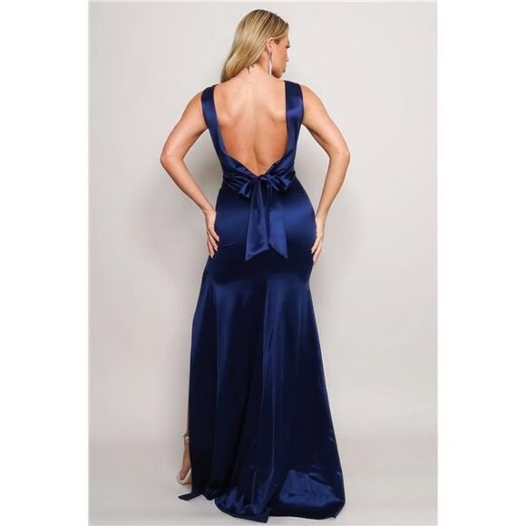 Navy- Sleeveless Deep V Low Back Bow Maxi Dress For Women - Picture 4 of 5